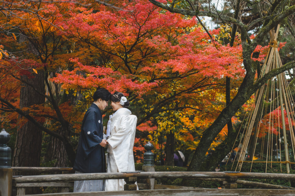 紅葉の中で寄り添い合う和装夫婦