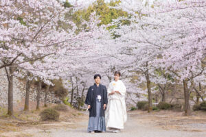 富山の公園で桜と一緒に撮影する和装新郎新婦のロケーションフォトウェディング