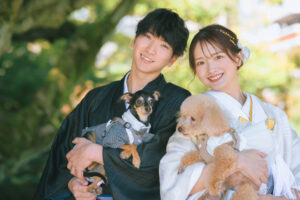 富山のコアラで愛犬と和装フォトウェディングを行なった新郎新婦のフォトウェディング